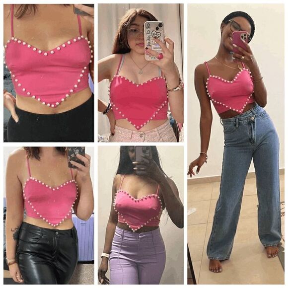 💗 Barbie Pink Cute Heart Shaped Crop Top Pearls Trim NEW WITH TAGS - Picture 13 of 16